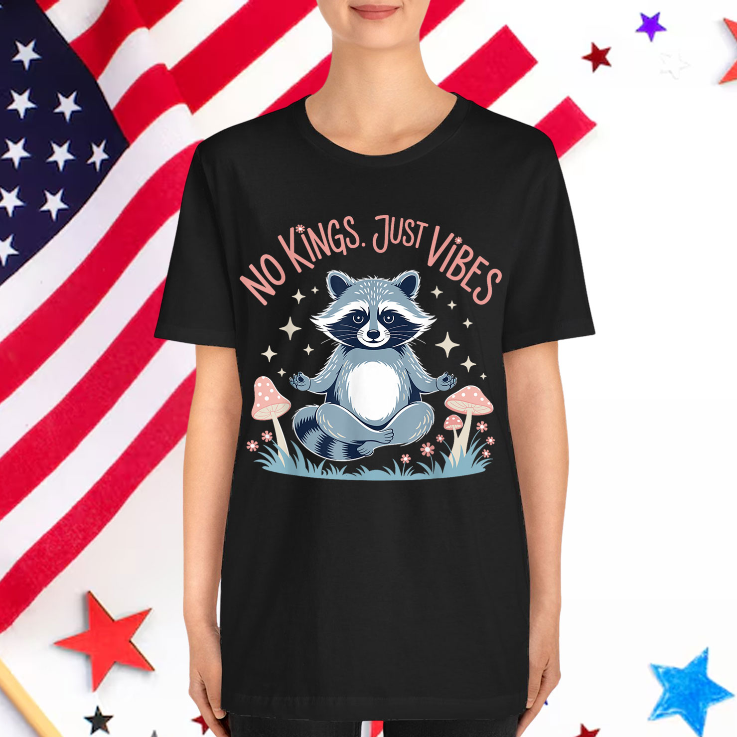 No Kings In America Just Vibes Funny Raccon Meditation Shirt