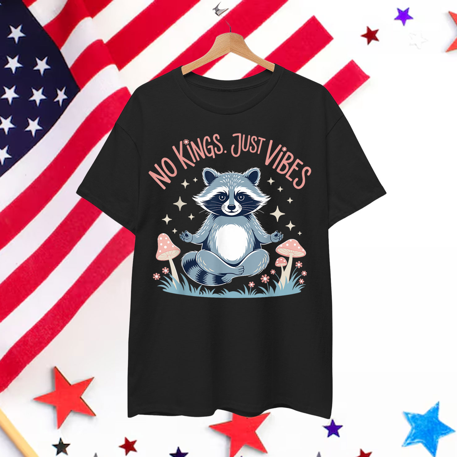 No Kings In America Just Vibes Funny Raccon Meditation Shirt