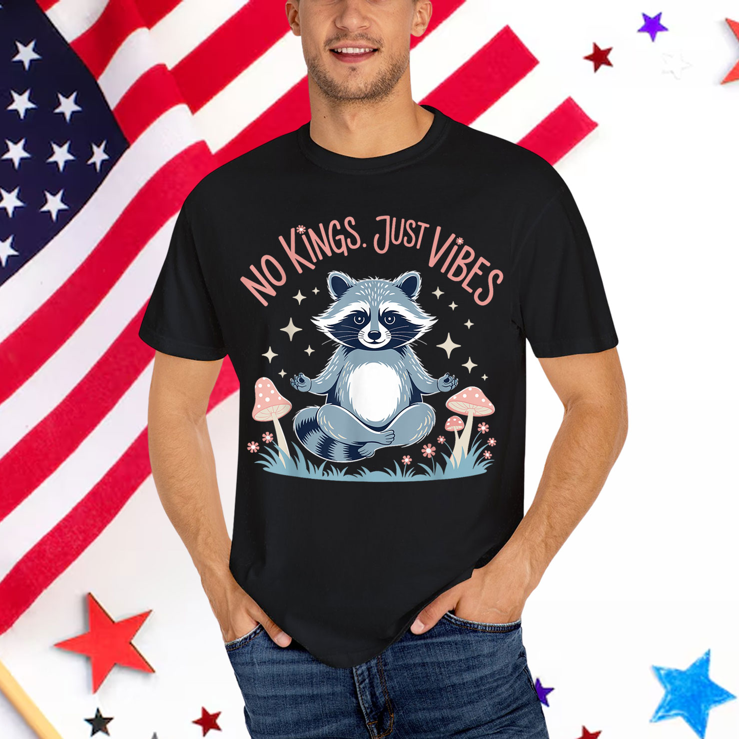 No Kings In America Just Vibes Funny Raccon Meditation Shirt