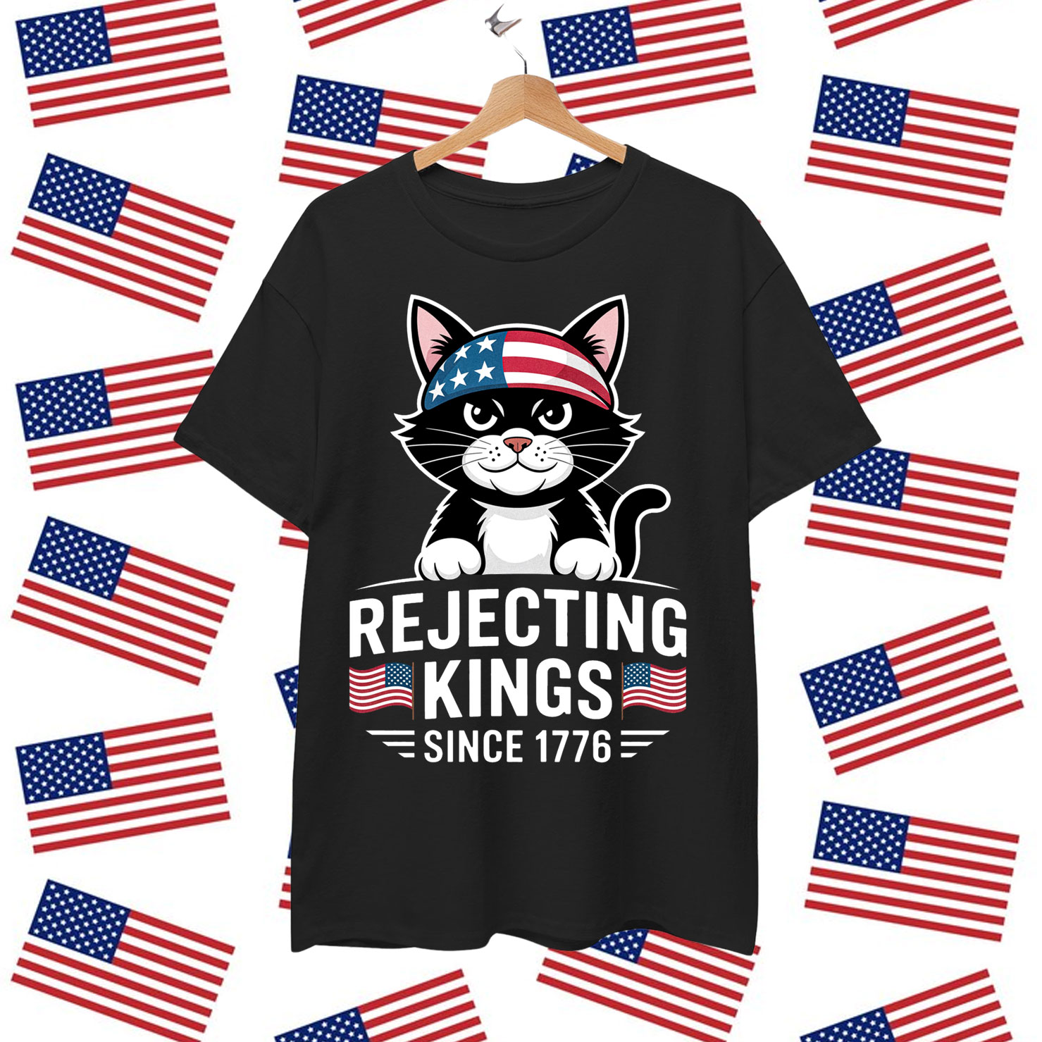 Rejecting Kings Since 1776 Patriotic USA Black Cat Shirt