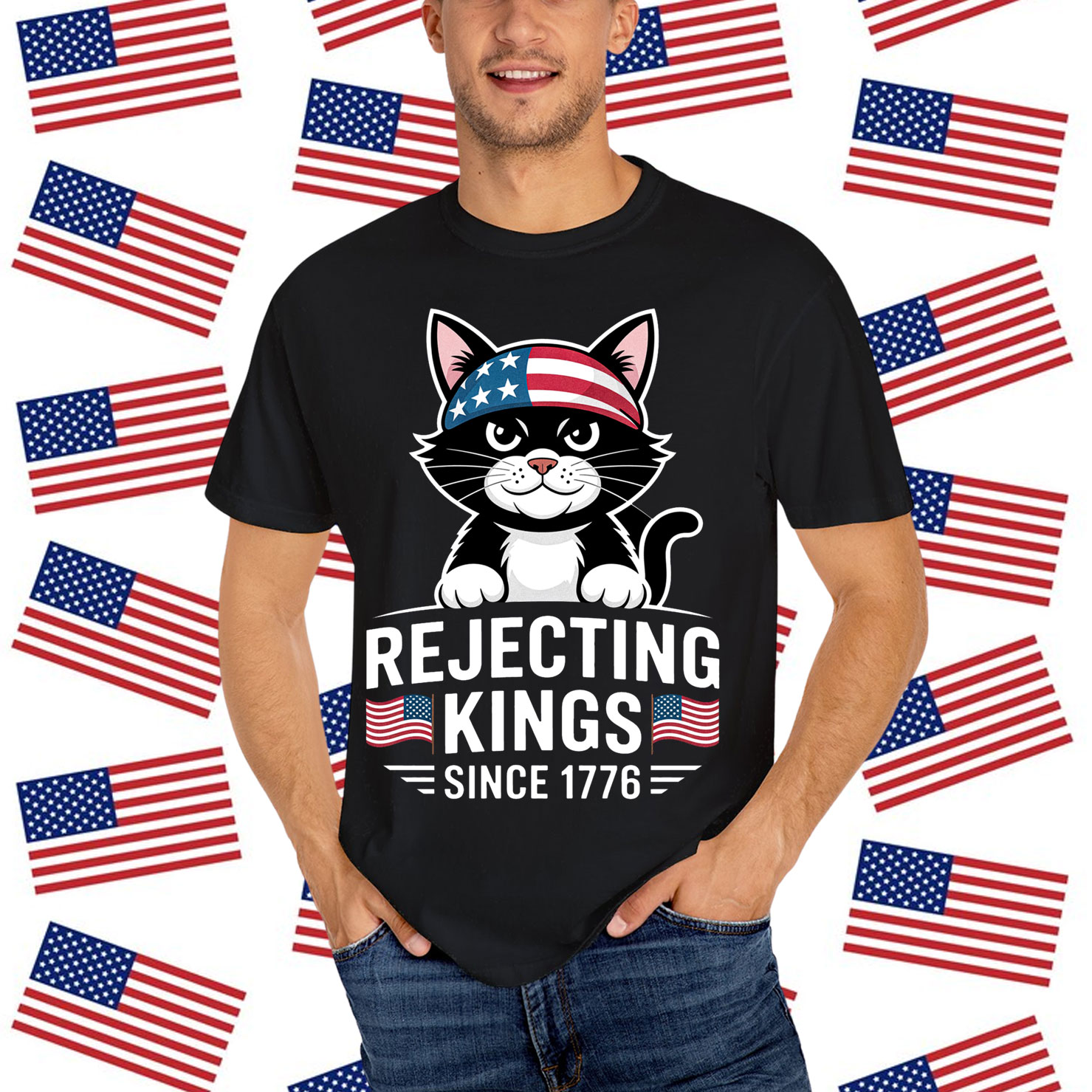 Rejecting Kings Since 1776 Patriotic USA Black Cat Shirt