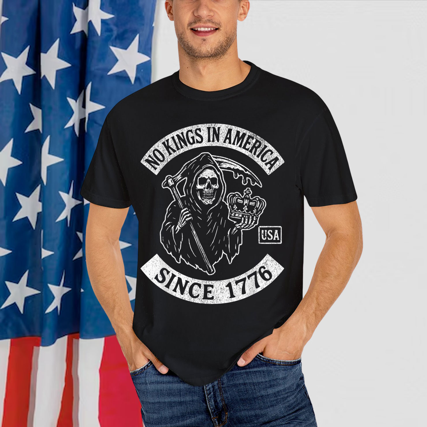 Vintage Distressed NO KINGS IN AMERICA Grim Reaper Shirt